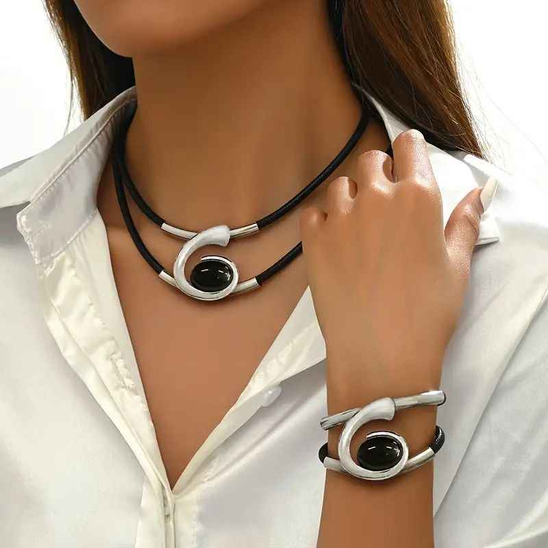 Modern Elegance Black and Silver Leather Choker Set and Bracelet Combo