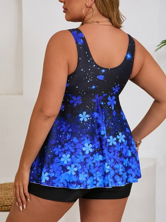 Women's Plus Size Blue Floral 2-piece Casual Swimsuit