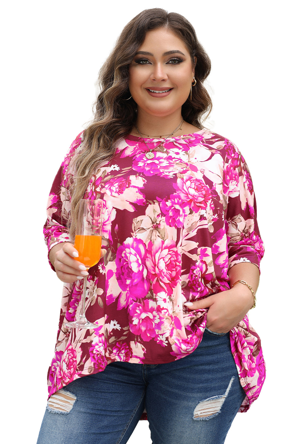 Women's Red Plus Size Floral Print Half Sleeve Shirt