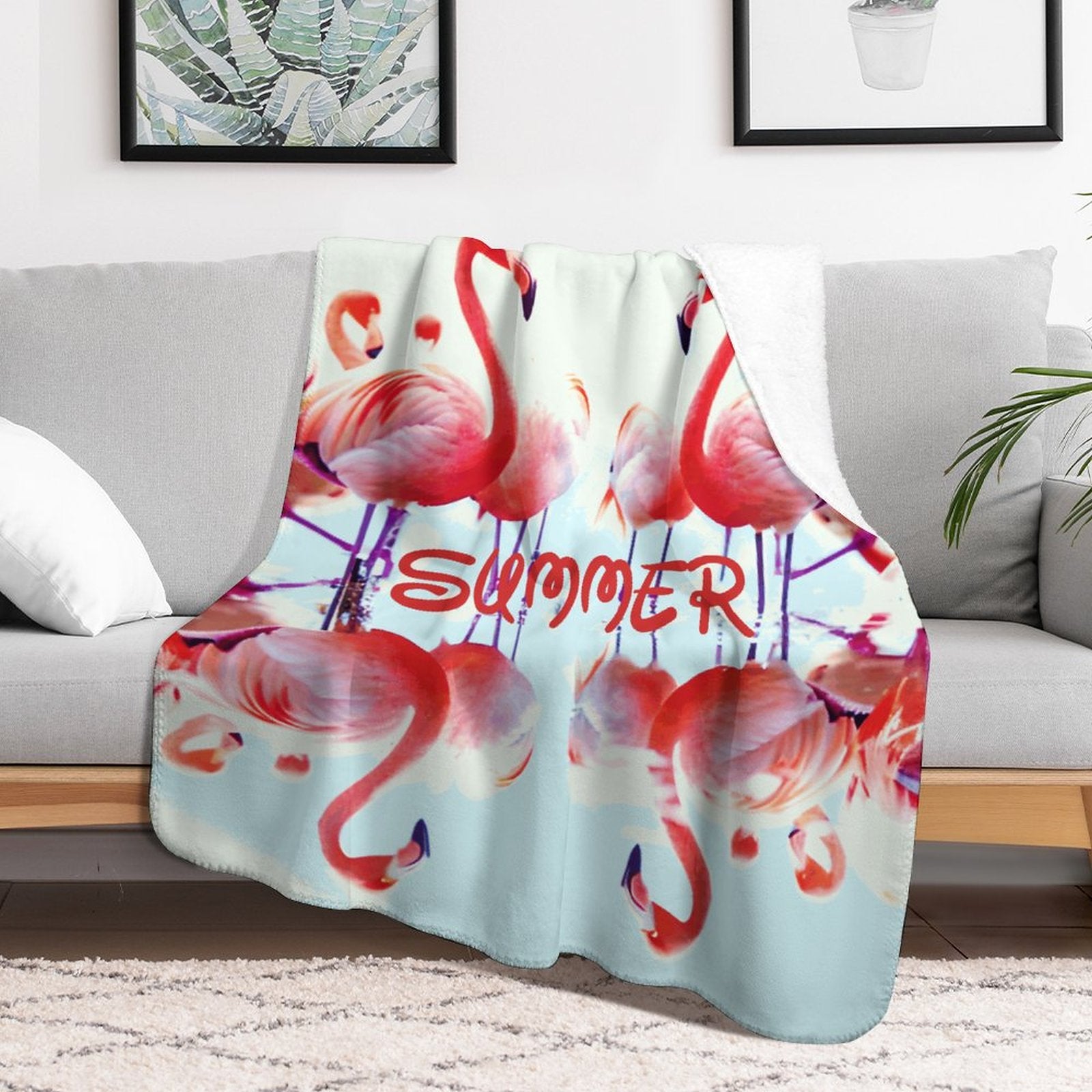 Pink Flamingos Summer Design Sherpa Fleece Throw Blanket - 50