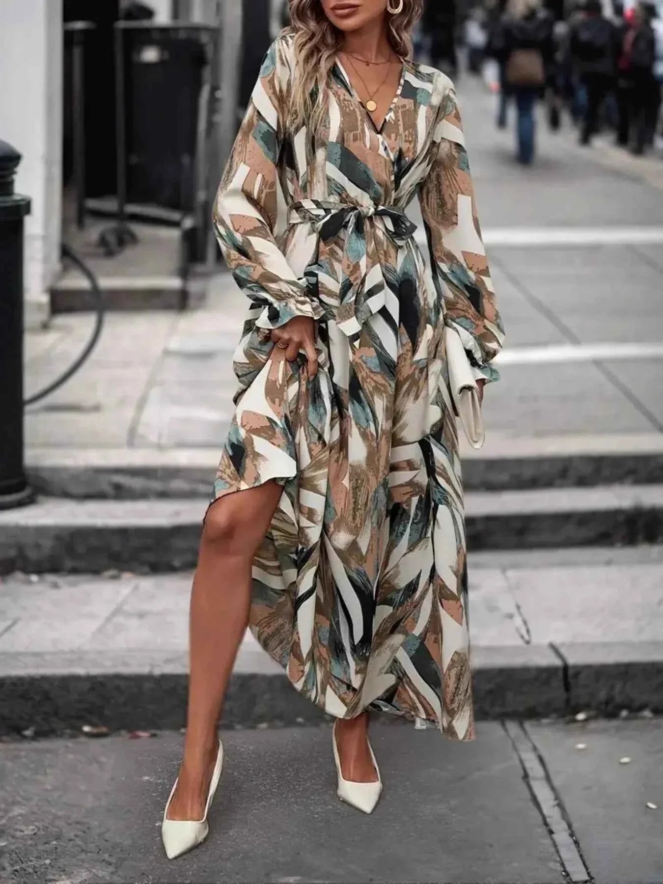 Printed Surplice Belted Flounce Long Sleeve Maxi Dress