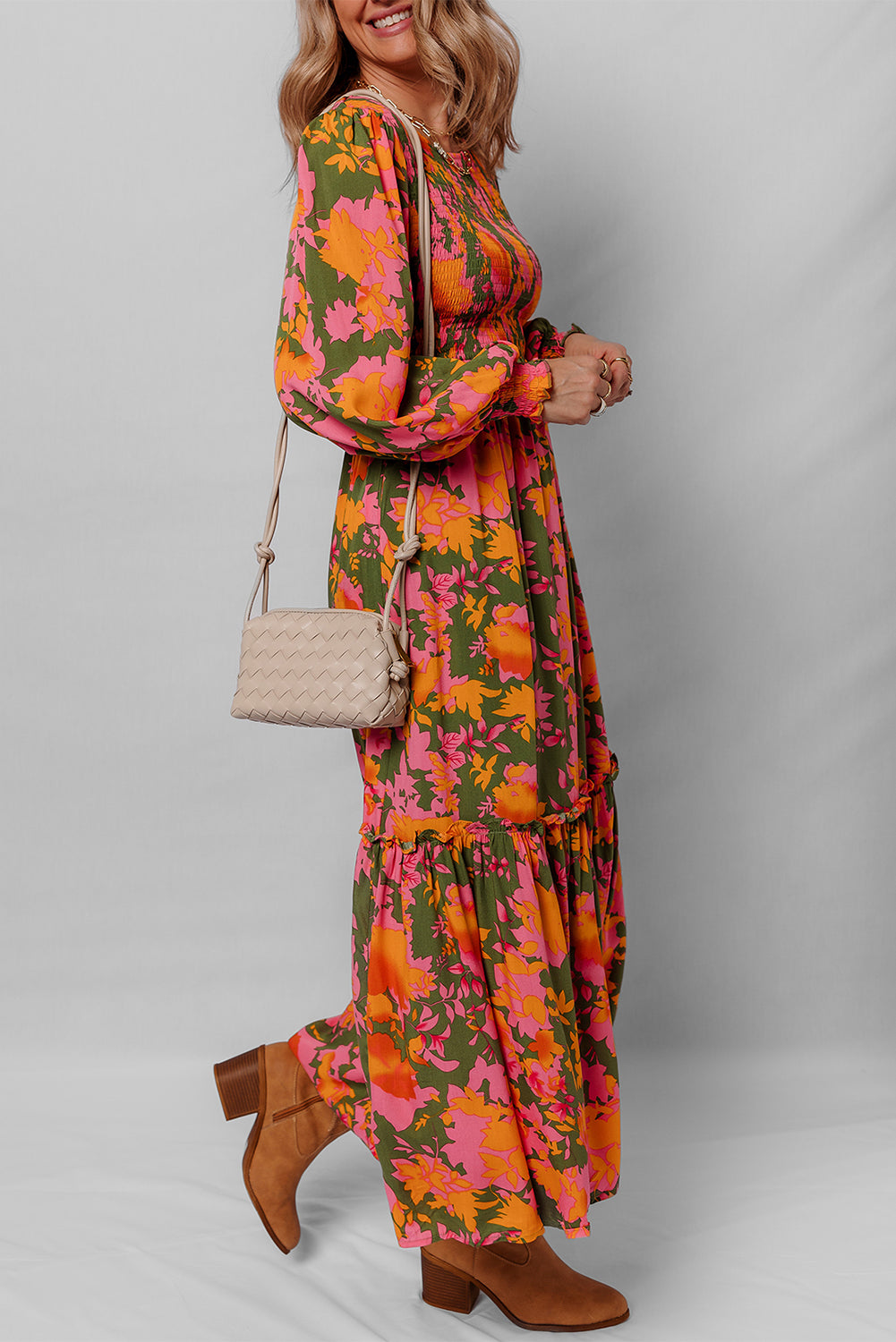 Orange Floral Puff Sleeve Smocked Ruffle Maxi Dress