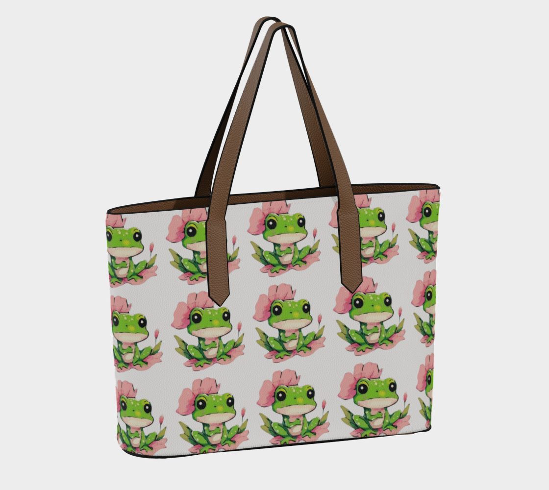 Green Frog on Pink Lily Pad Large Vegan Leather Tote Bag