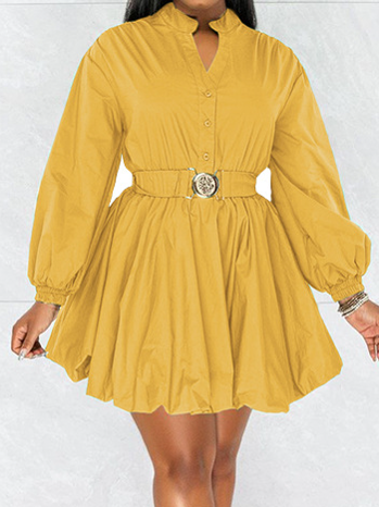 Yellow Long Sleeve Cinched Waist Short Dress up to 2XL - Shell Design Boutique