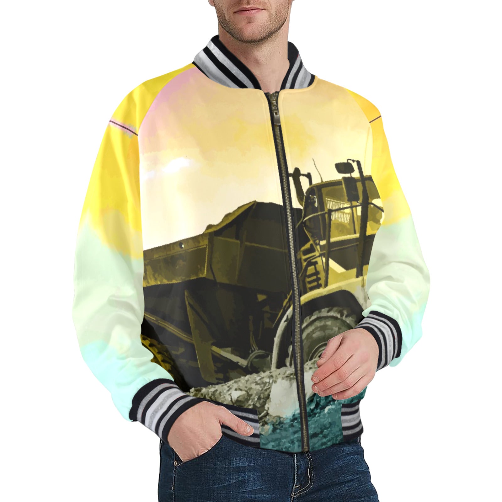 Men's Printed Design Striped Trim Bomber Jacket