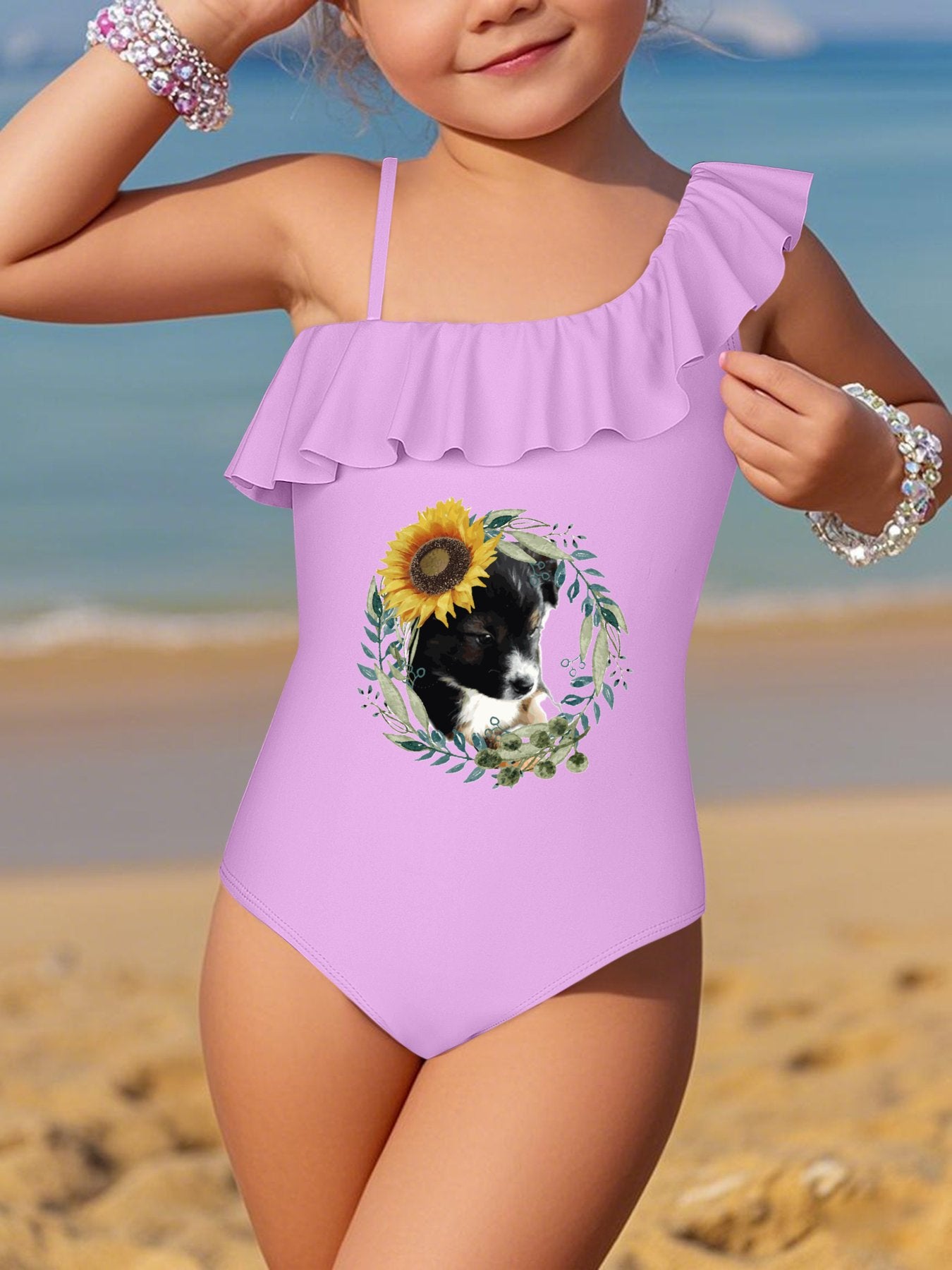 Cute Black Puppy Girls' Ruffled One-Piece Swimsuit (Front Printing)