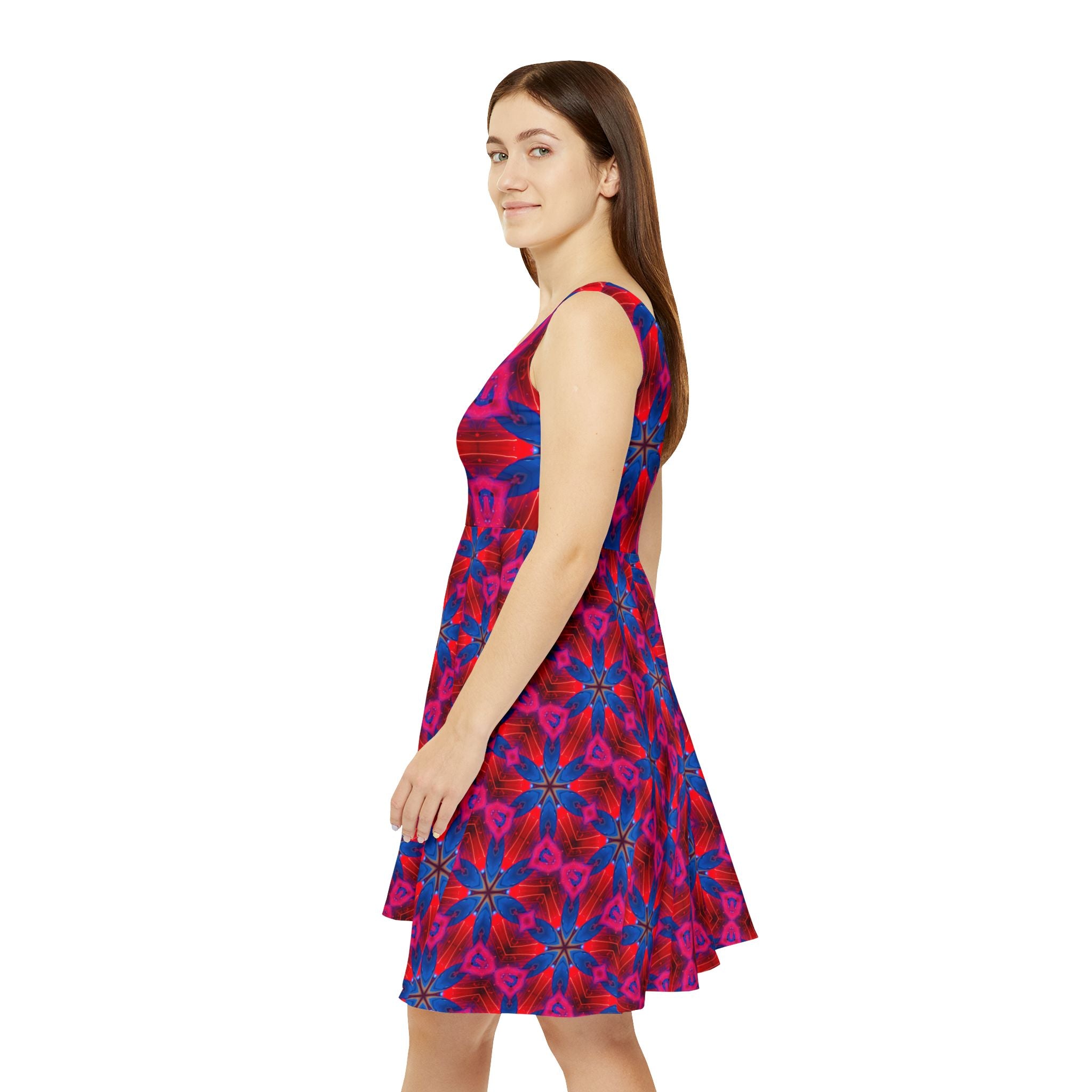 Floral Kaleidoscope Skater Dress — Bold Pink & Blue All-Over Print