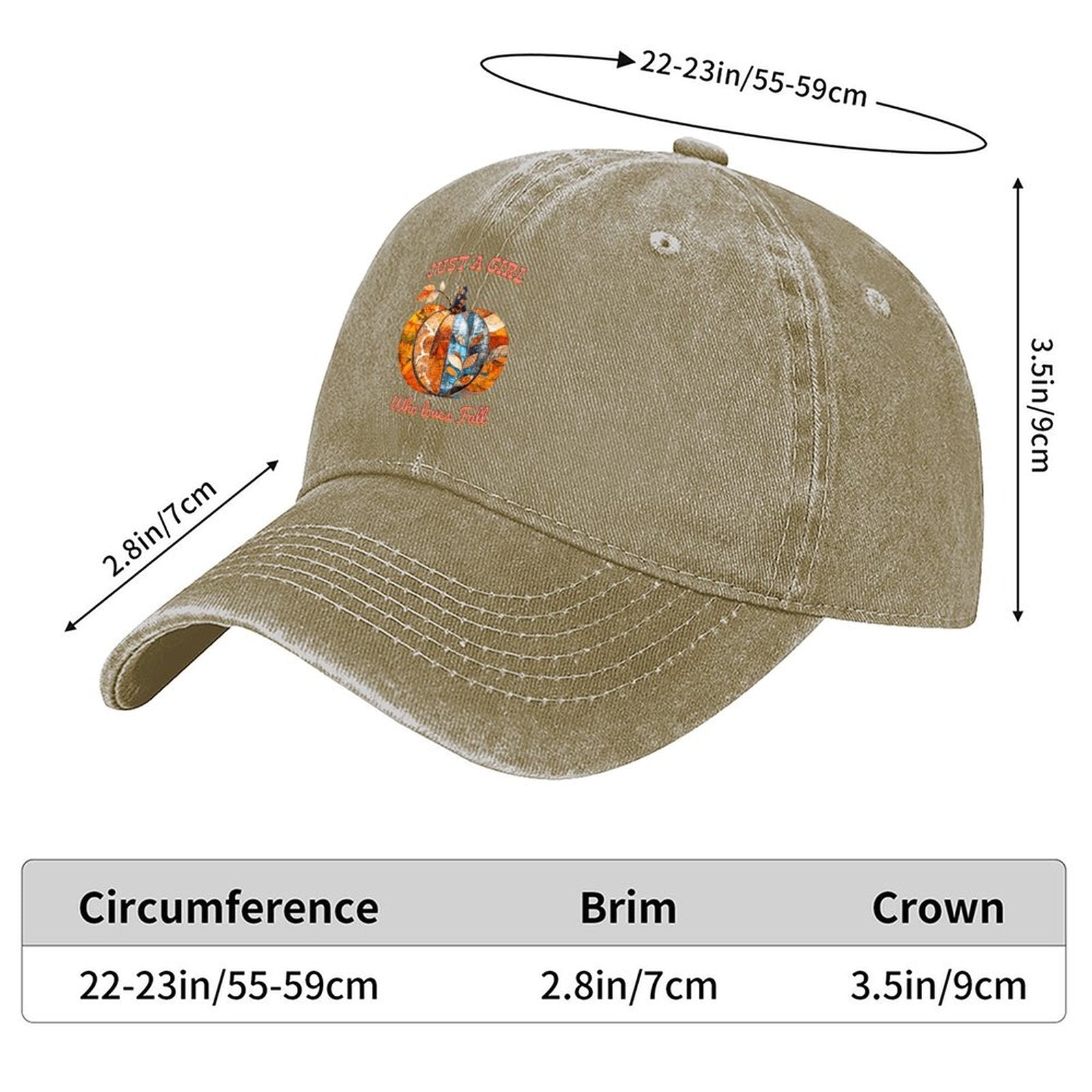 Just a Girl Who Loves Fall Pumpkins Cotton Vintage Washed Denim Baseball Cap (Front Printing)