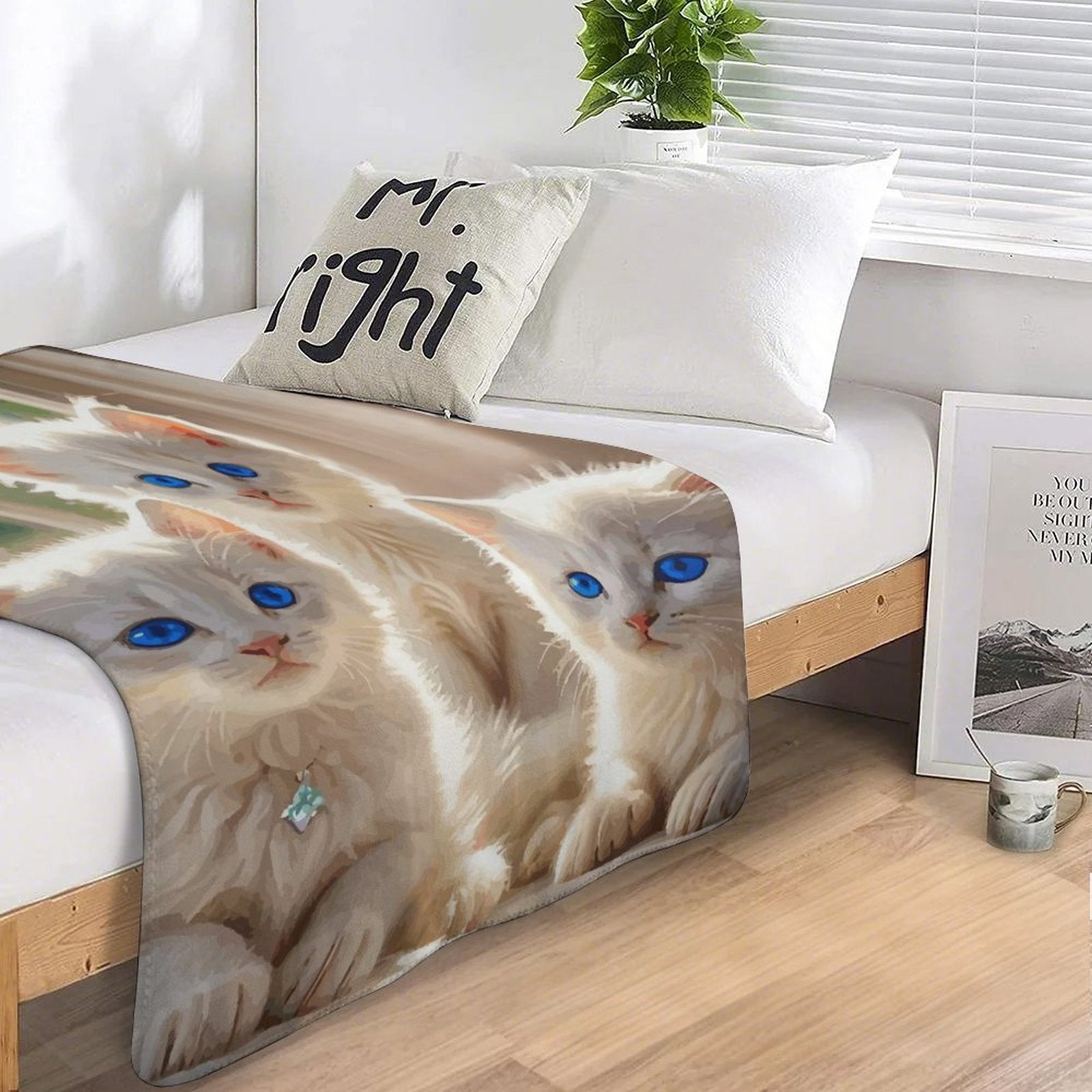 Fluffy White Kittens with Blue Eyes Sherpa Fleece Throw Blanket