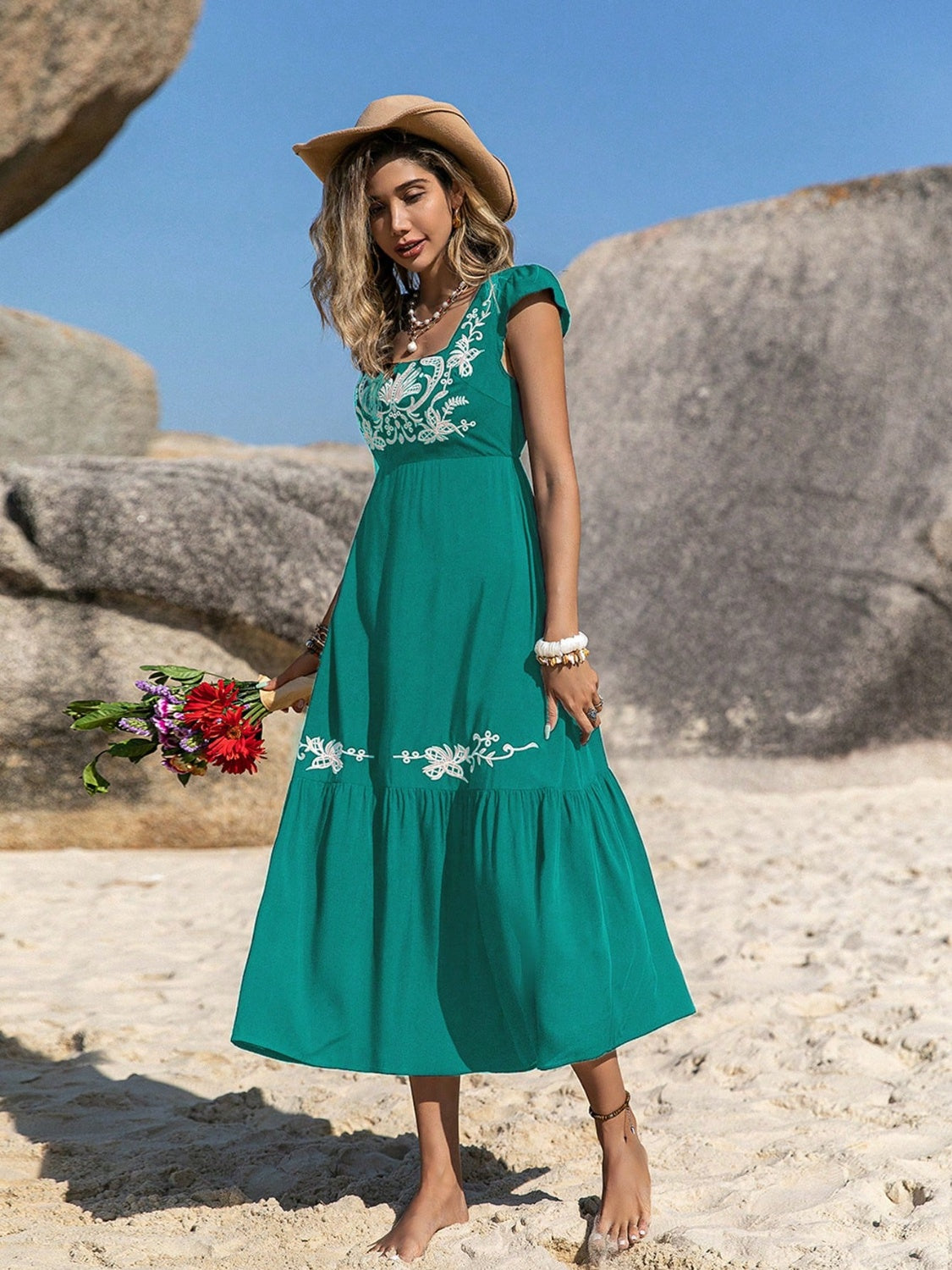 Embroidered Green Square Neck Cap Sleeve Midi Dress