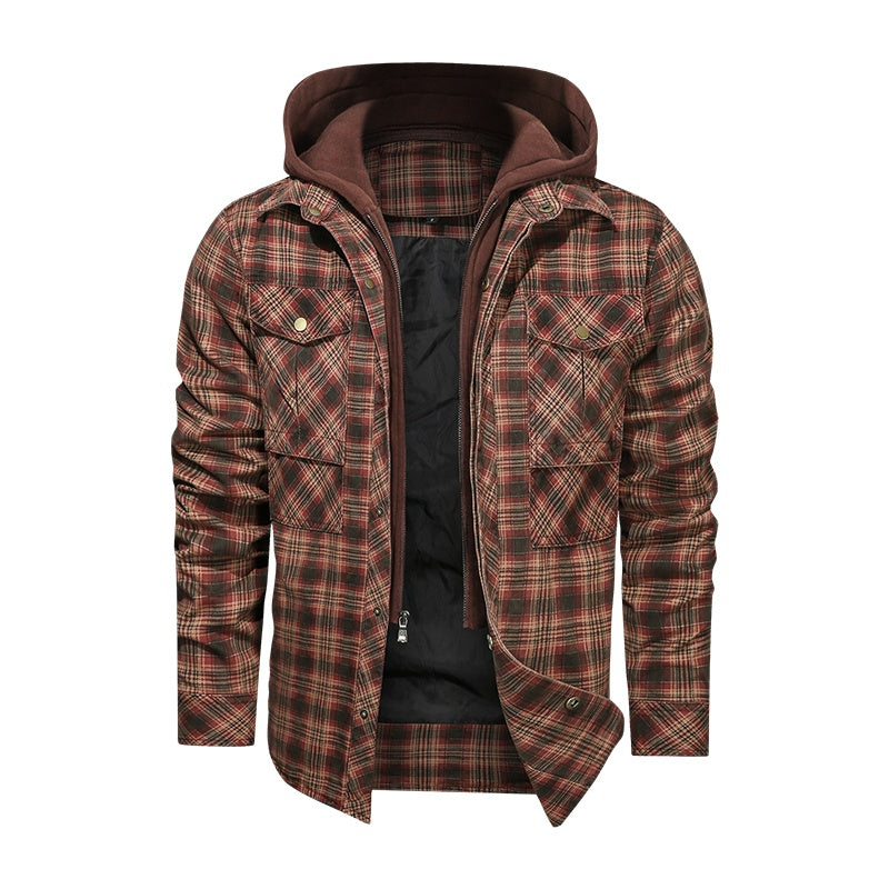 Men's Plaid Fleece Lined Detachable Hood Jacket