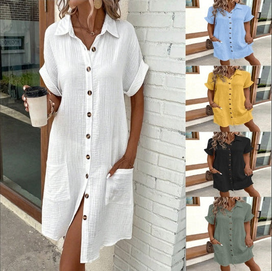 Women's Fashion Solid Color Single-breasted Loose Shirt Dress