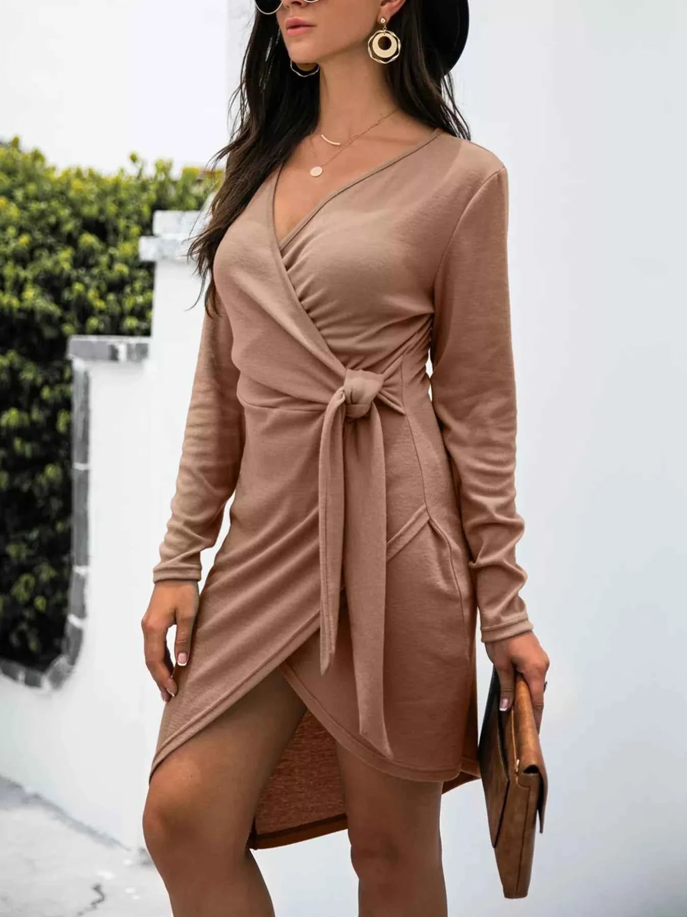 Women's Surplice Long Sleeve Side Tie Short Dress