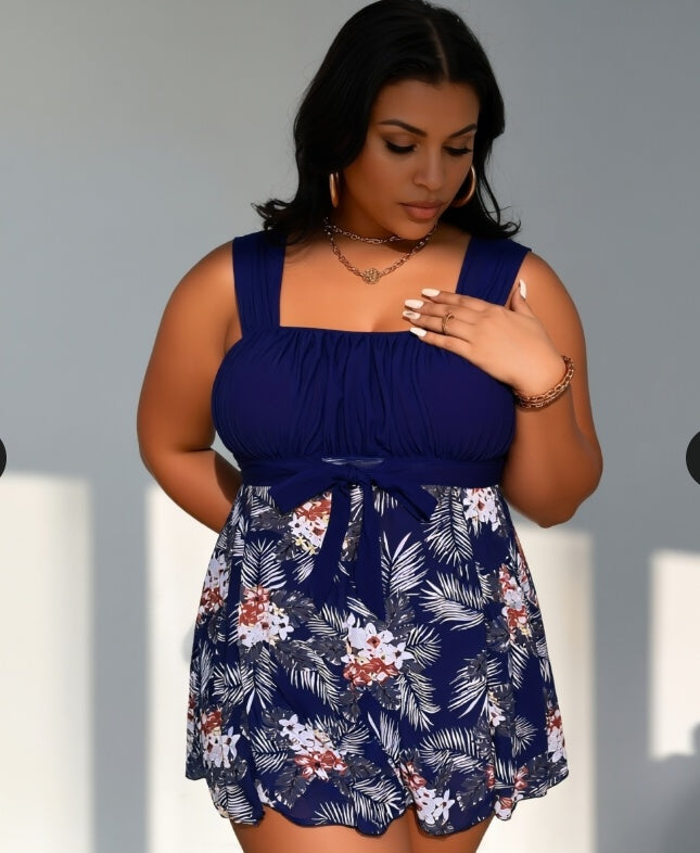 Women's Plus Size Navy Ruched Top with Belt Tie Two-piece Tankini