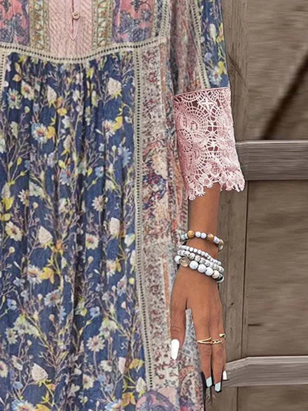 Women's Vintage Boho Lace Detail Three-Quarter Sleeve Short Dress