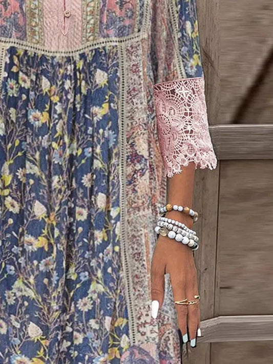 Women's Vintage Boho Lace Detail Three-Quarter Sleeve Short Dress