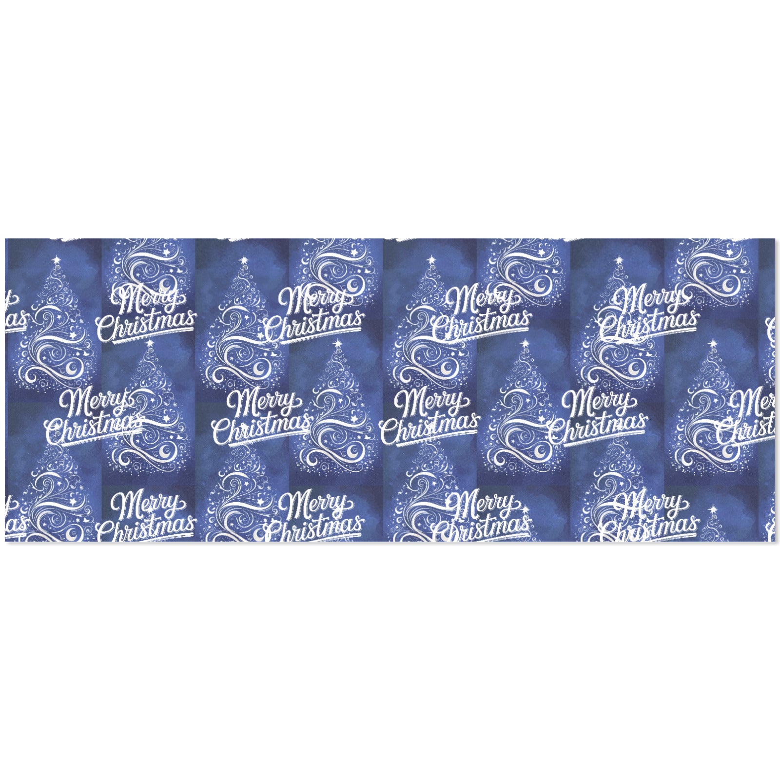 Blue wrapping paper with 'Merry Christmas' text and tree designs.