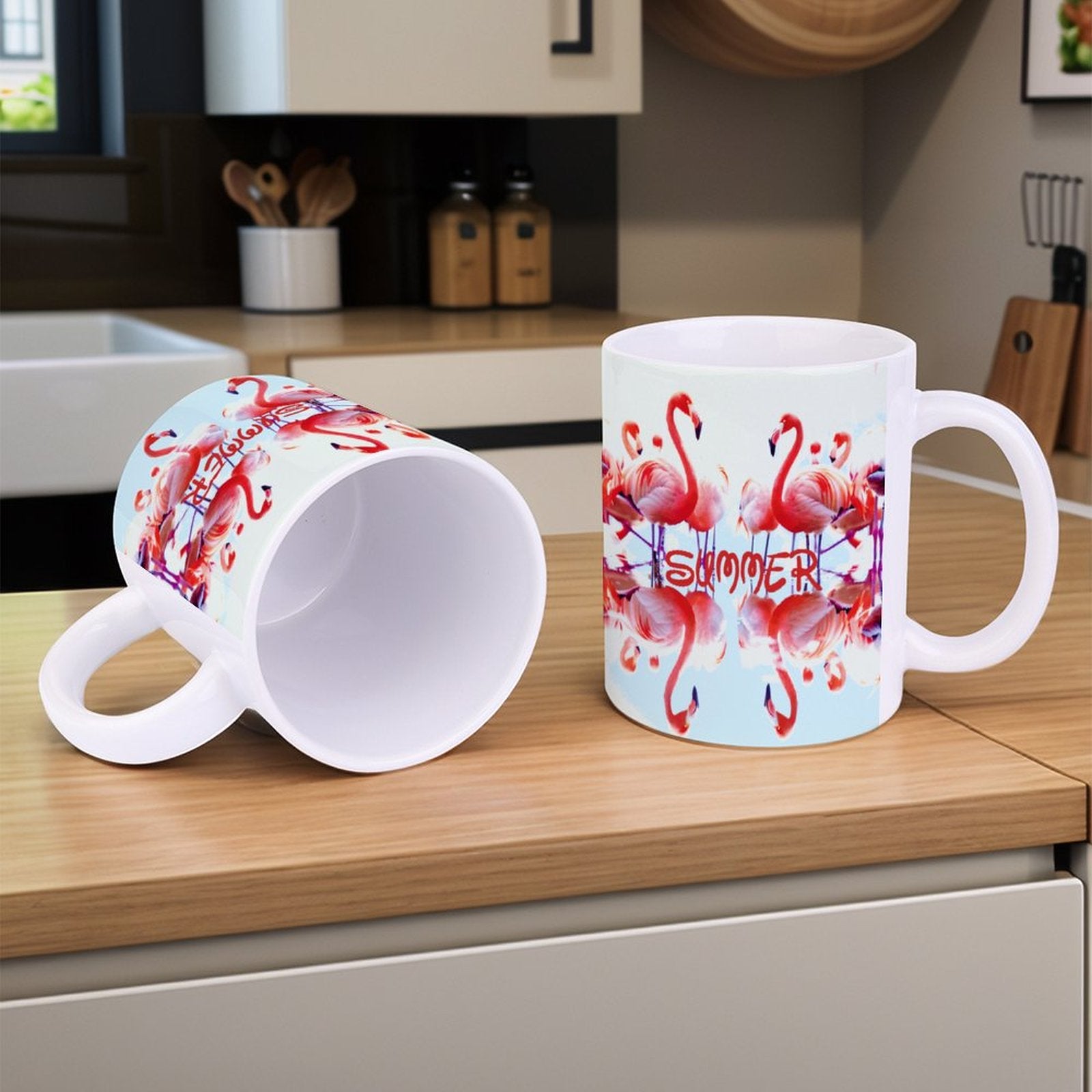 Pink Flamingos Summer Design 14oz White Ceramic Mug with Handle (Made in USA)