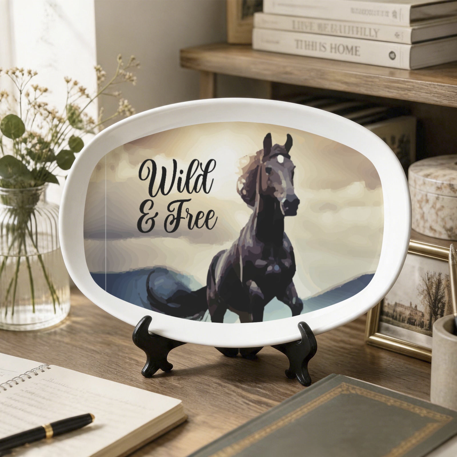 Wild & Free Black Horse Oval Serving Platter Melamine Decorative Plate