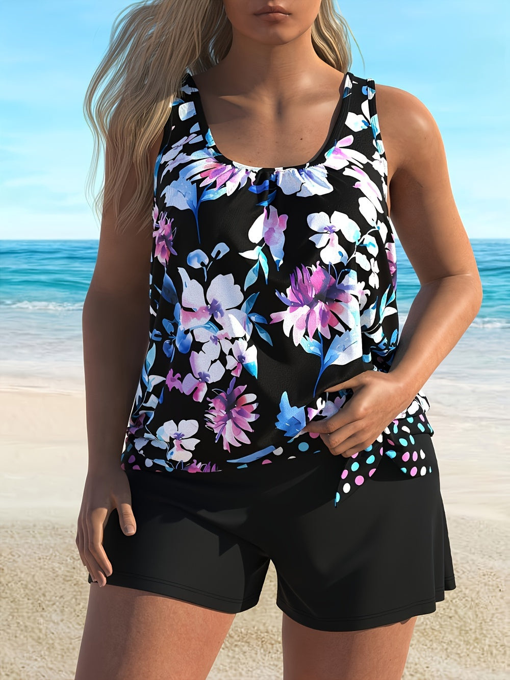Women's Plus Size Black Floral 2-piece Casual Swimsuit