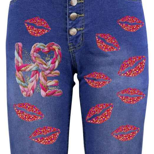 Women's Yarn Love and Red Lips Decorated Jeans with Front Printing