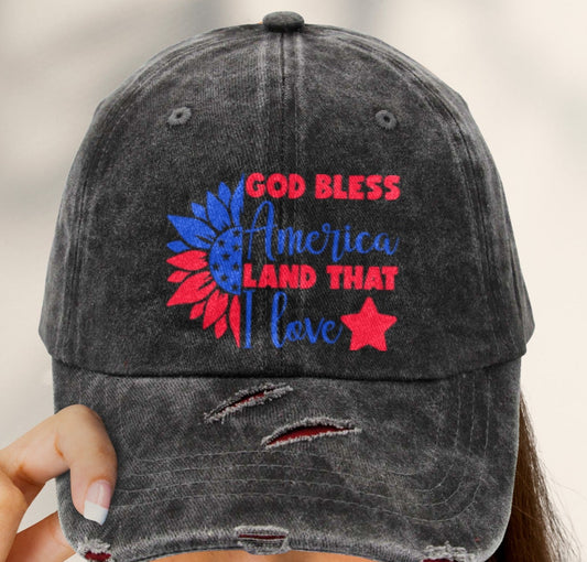 God Bless America Distressed Baseball Cap with Red Broken Marks (Made in Queens)