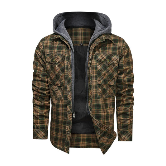 Men's Plaid Fleece Lined Detachable Hood Jacket