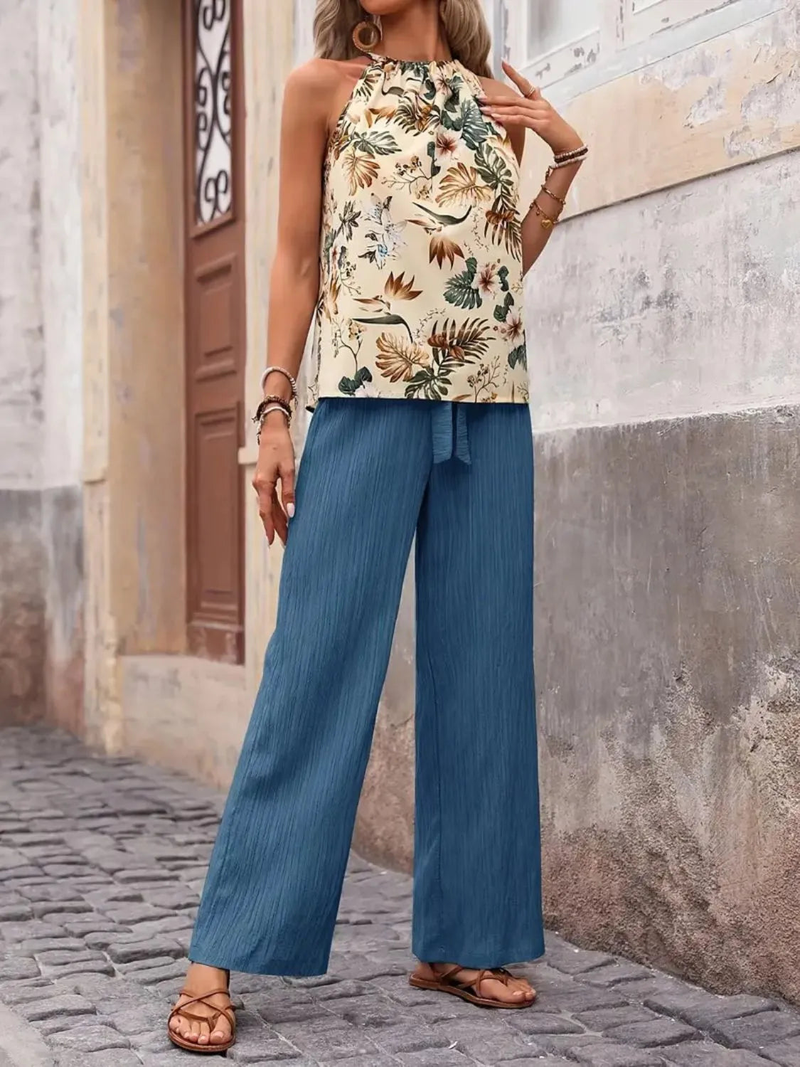 Women's Printed Tank Top and Wide Leg Pants Set Outfit