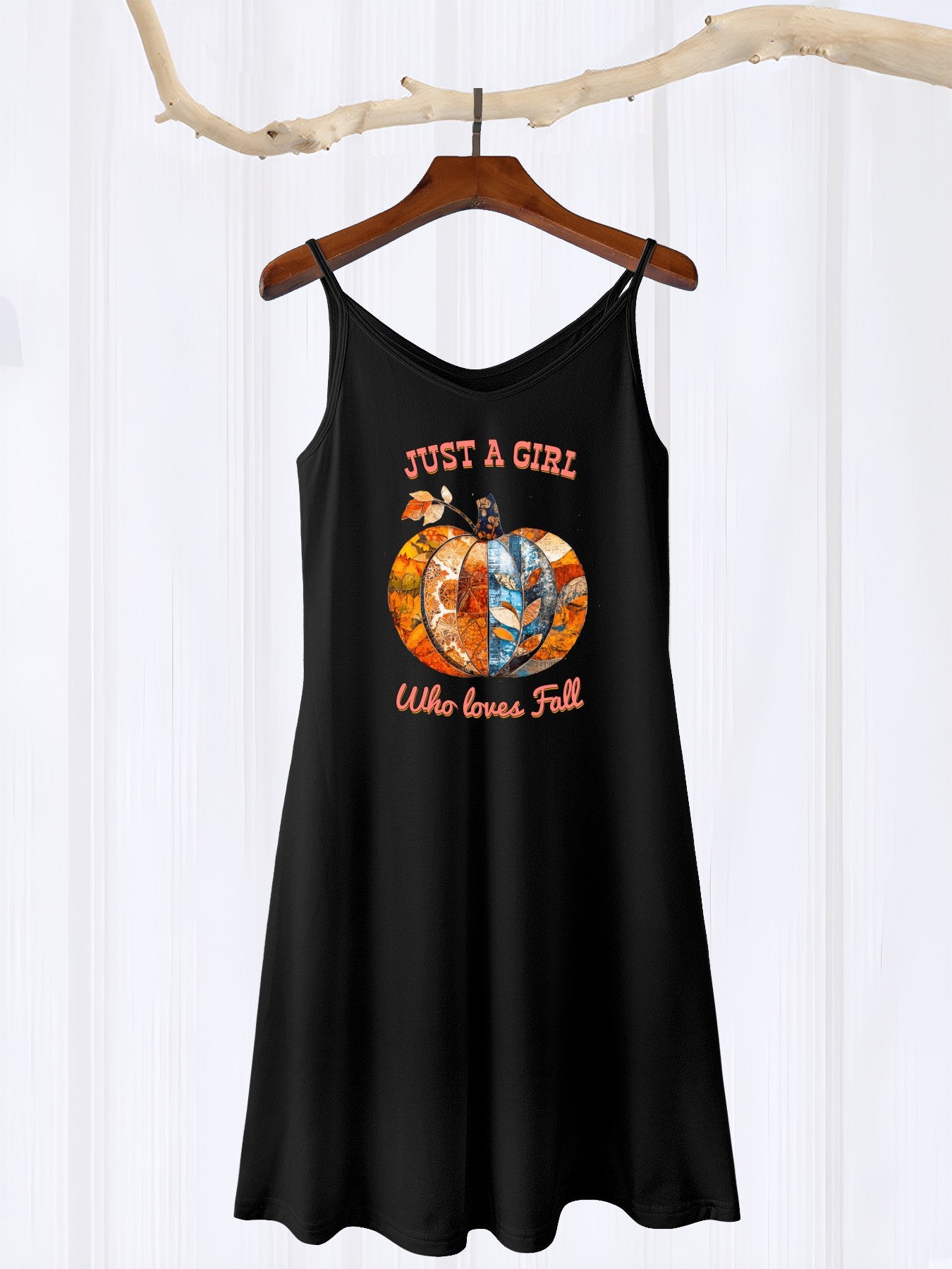 Just a Girl Who Loves Fall Pumpkins Sleeveless U-Neck Cami Dress for Women (Front Printing) Black / S Just a Girl Who Loves Fall Pumpkins Sleeveless U-Neck Cami Dress for Women (Front Printing) Black / S