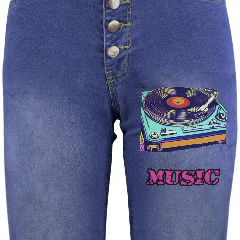 Diseño de grafiti de música y tocadiscos en la parte delantera de pantalones de mujer (fabricado en EE. UU.)