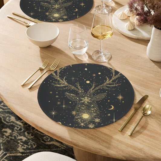 Golden Reindeer And Snowflakes On Black Christmas Custom Round Placemats - 4 pack (Made in USA)