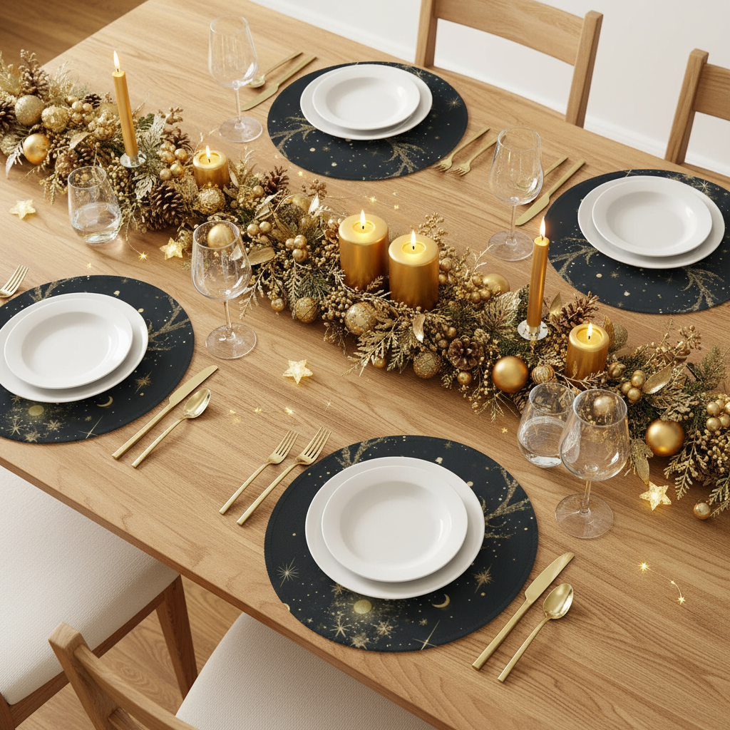 Golden Reindeer And Snowflakes On Black Christmas Custom Round Placemats - 4 pack (Made in USA)