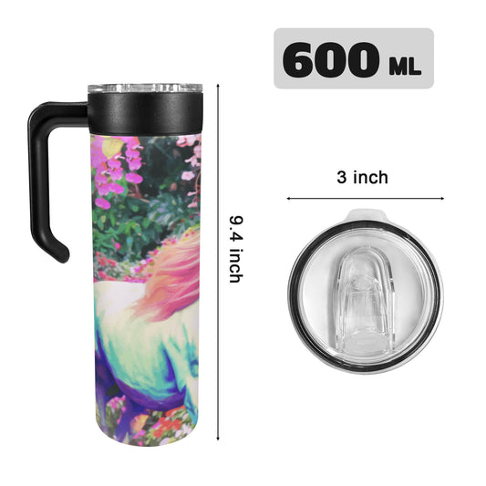 White Horse with Floral Background 600ml Insulated Water Bottle with Screw On Handle