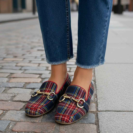 Women's Plaid Square Toe Flats – Buckle Casual Shoes in Red & Blue