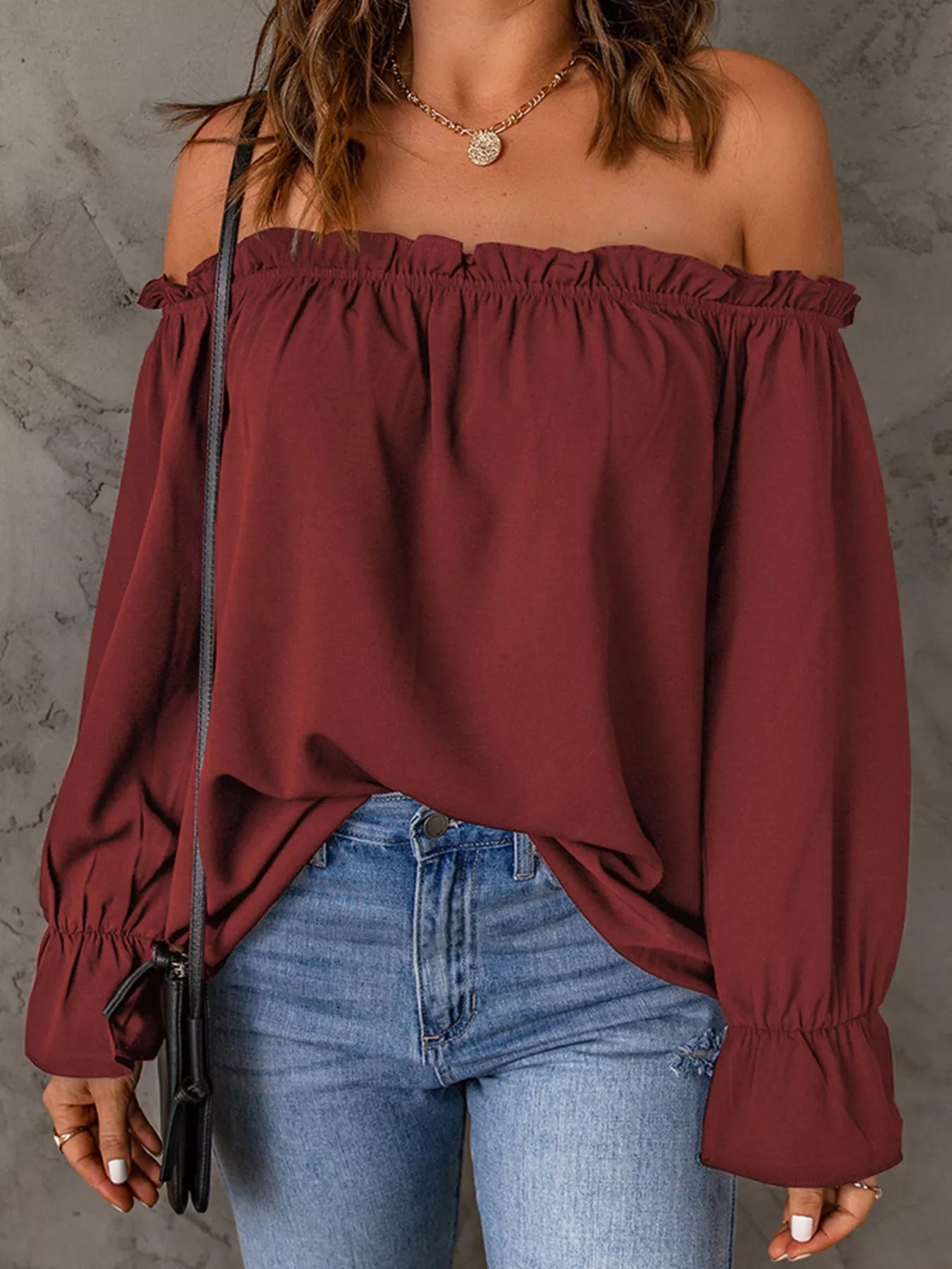 Full Size Off-Shoulder Ruffle Long Sleeve Blouse Plus Size
