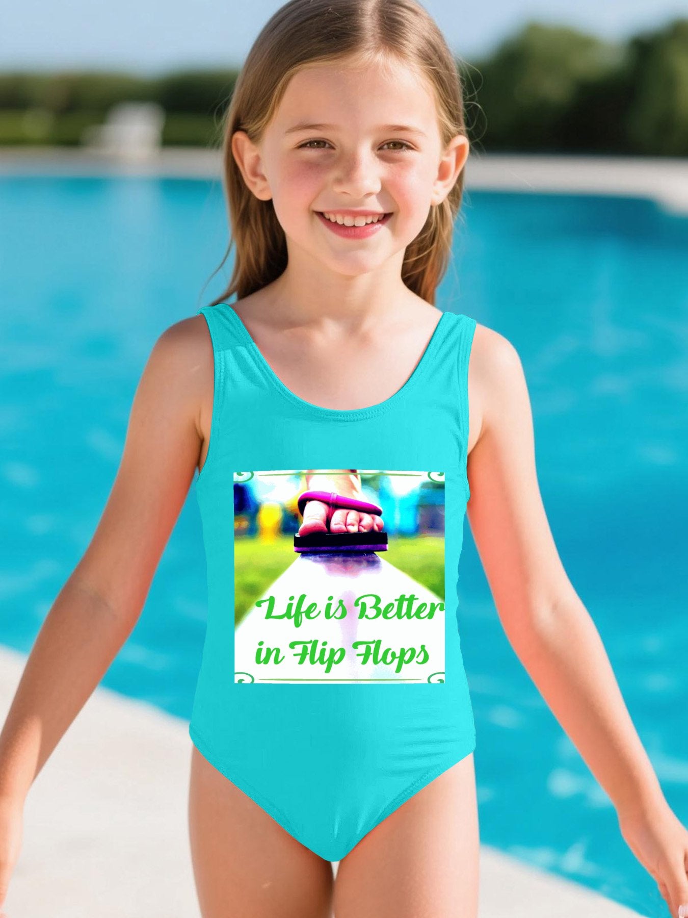 Life is Better in Flip Flops Girls' Summer One-Piece Swimsuit with Front Printing