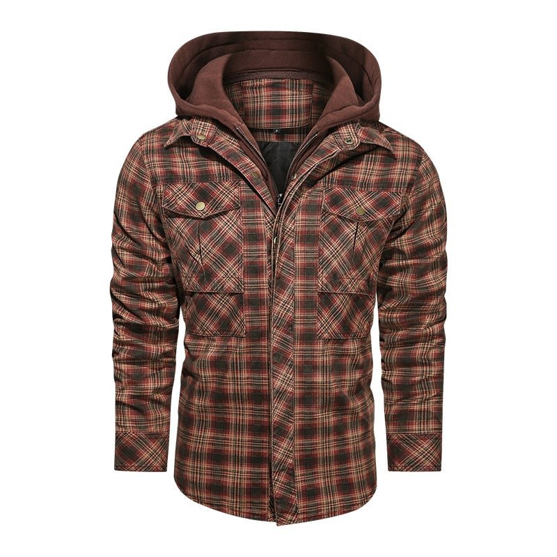 Men's Plaid Fleece Lined Detachable Hood Jacket