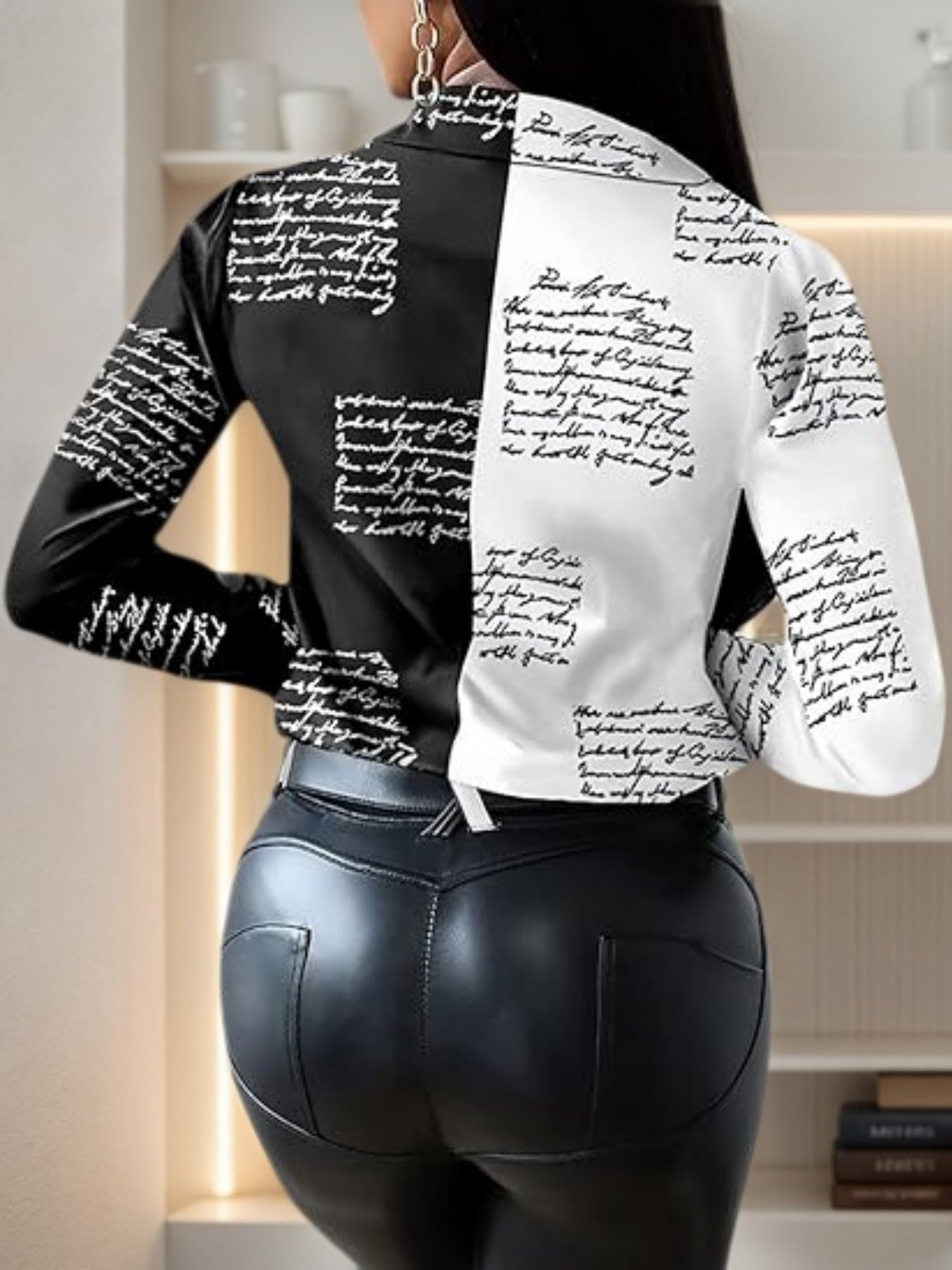 Women’s Black & White Cursive Text Casual Long Sleeve Button Front Blouse