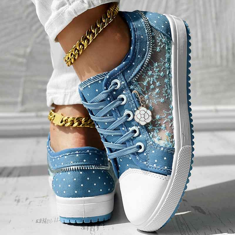 Floral Embroidered Polka Dot Print Sneakers — Women’s Casual Canvas Shoes
