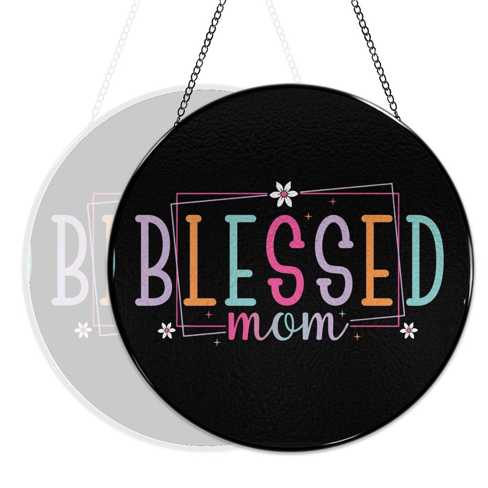Blessed Mom Black Glass Suncatcher with Chain