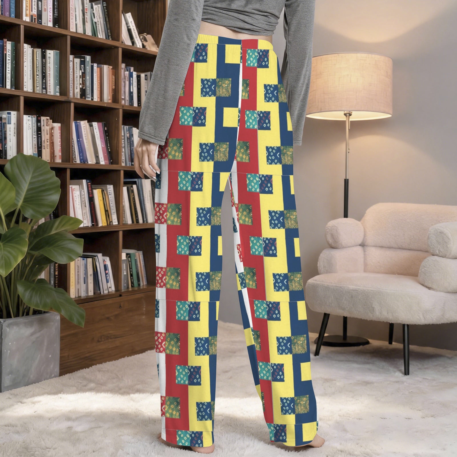 Quilt Block Pattern Women's Drawstring Lounge Pants Without Pockets (Model L84)