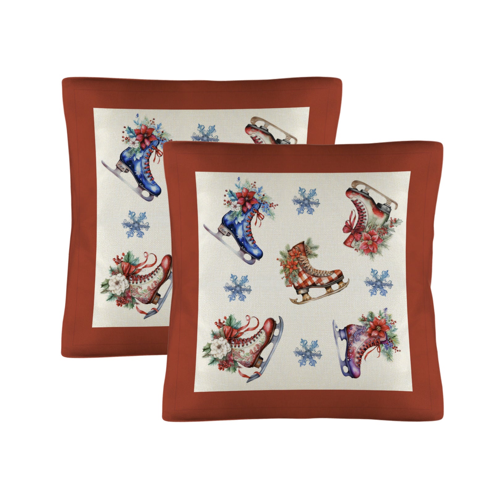 Two decorative pillows with ice skate and snowflake pattern on a white background