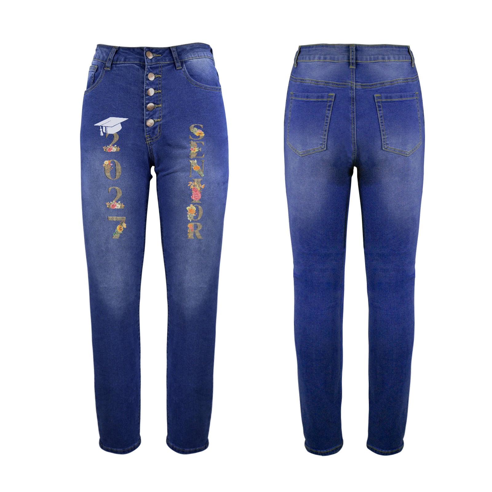 Women's 2027 Senior Floral Decorated Jeans with Front Printing