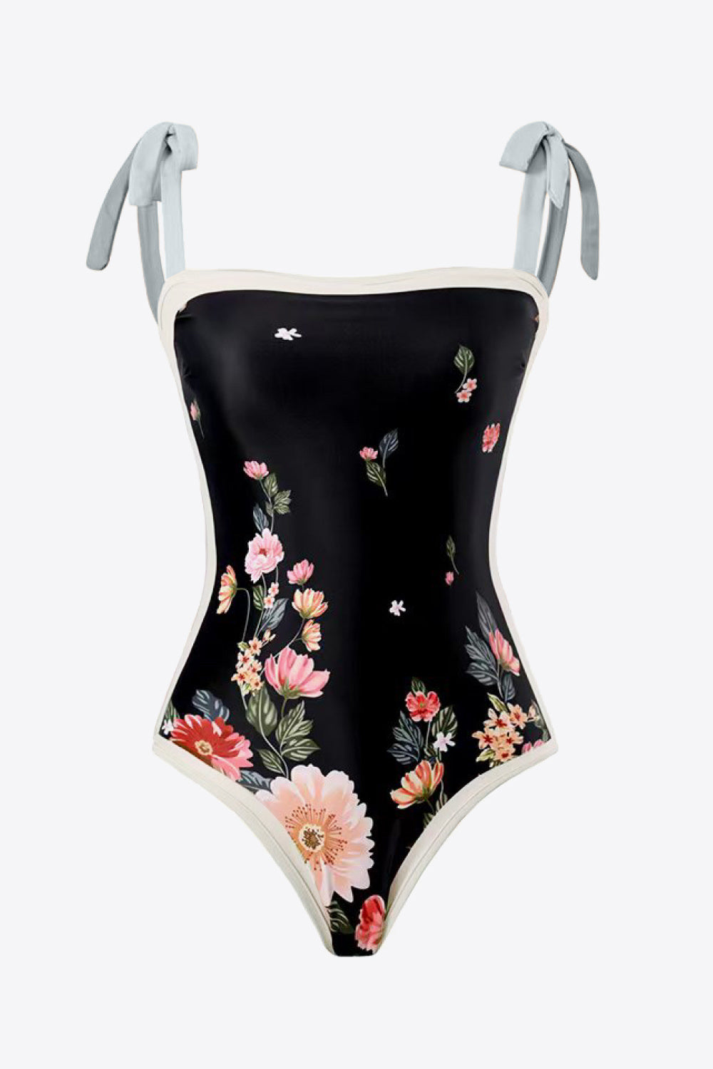 Black Floral Tie-Shoulder Two-Piece Swimsuit and Sarong