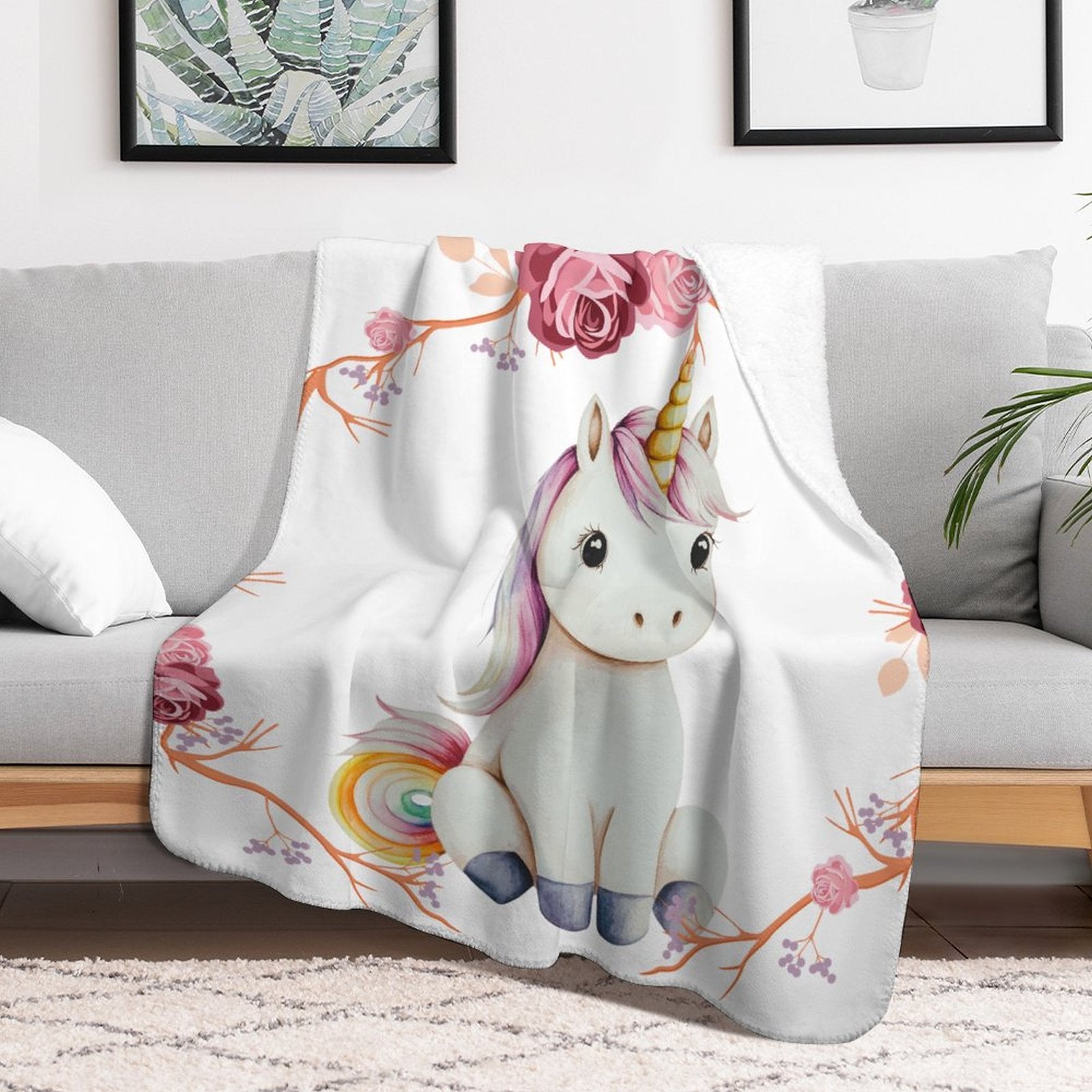 Baby Unicorn with Pink Roses Ultra-Soft Micro Fleece Throw Blankets