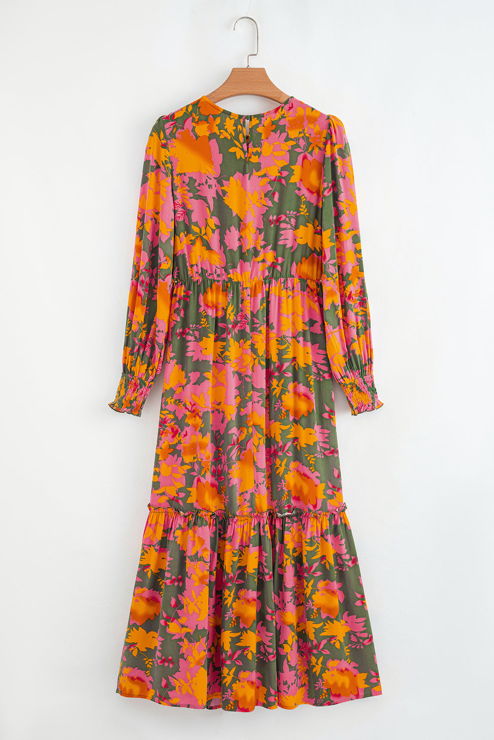 Orange Floral Puff Sleeve Smocked Ruffle Maxi Dress