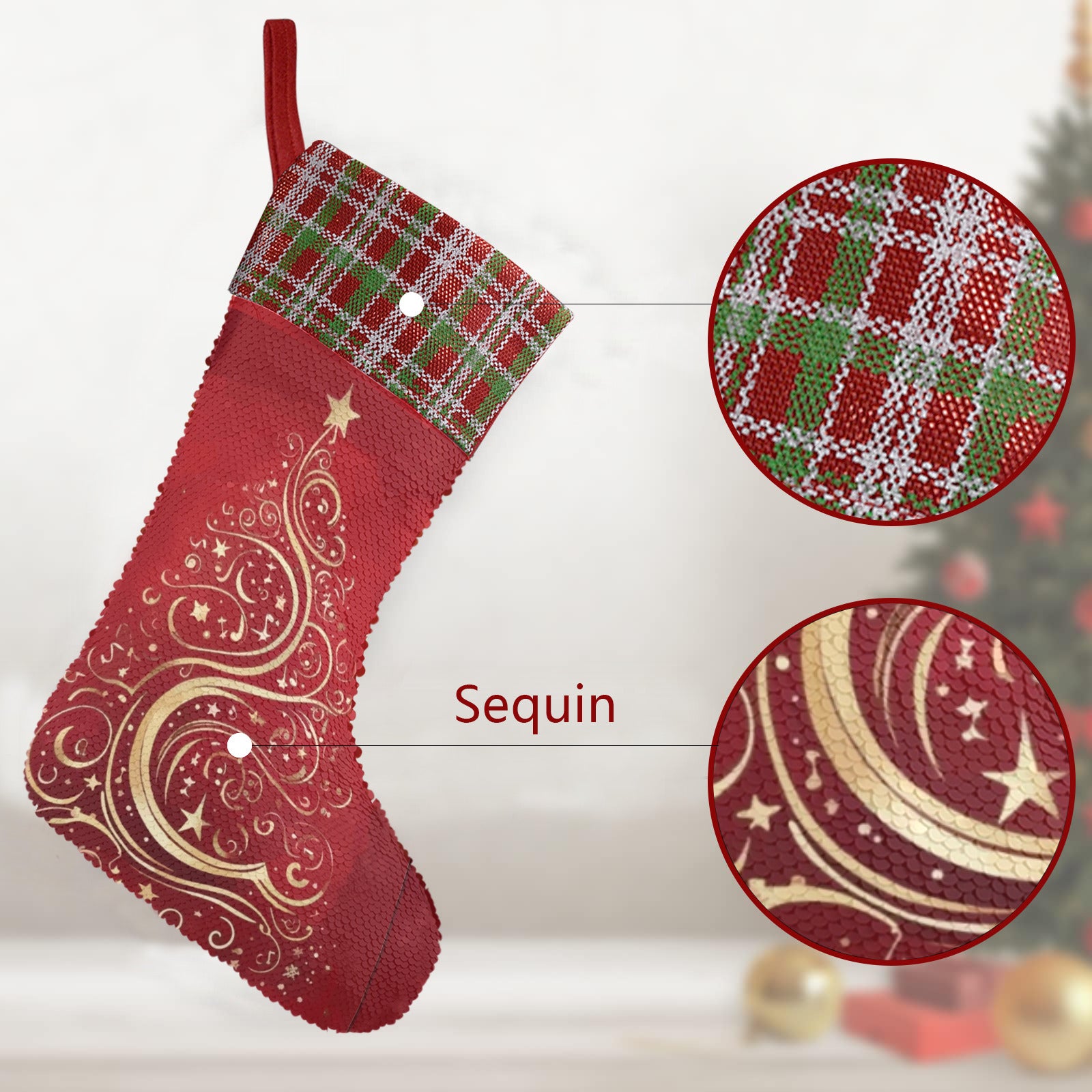 Gold Christmas Tree on Red Sequin Christmas Stocking (Made in USA)
