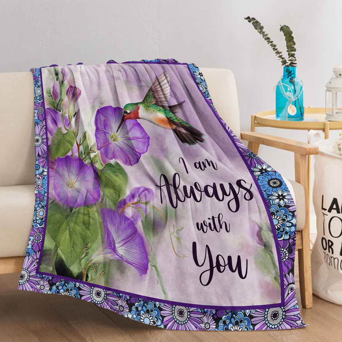 Purple Morning Glory Hummingbird Print Flannel Blanket - I Am Always With You