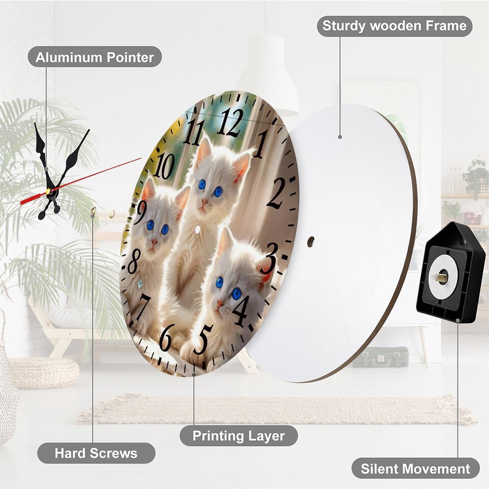 Fluffy White Kittens with Blue Eyes Modern Wooden Wall Clock