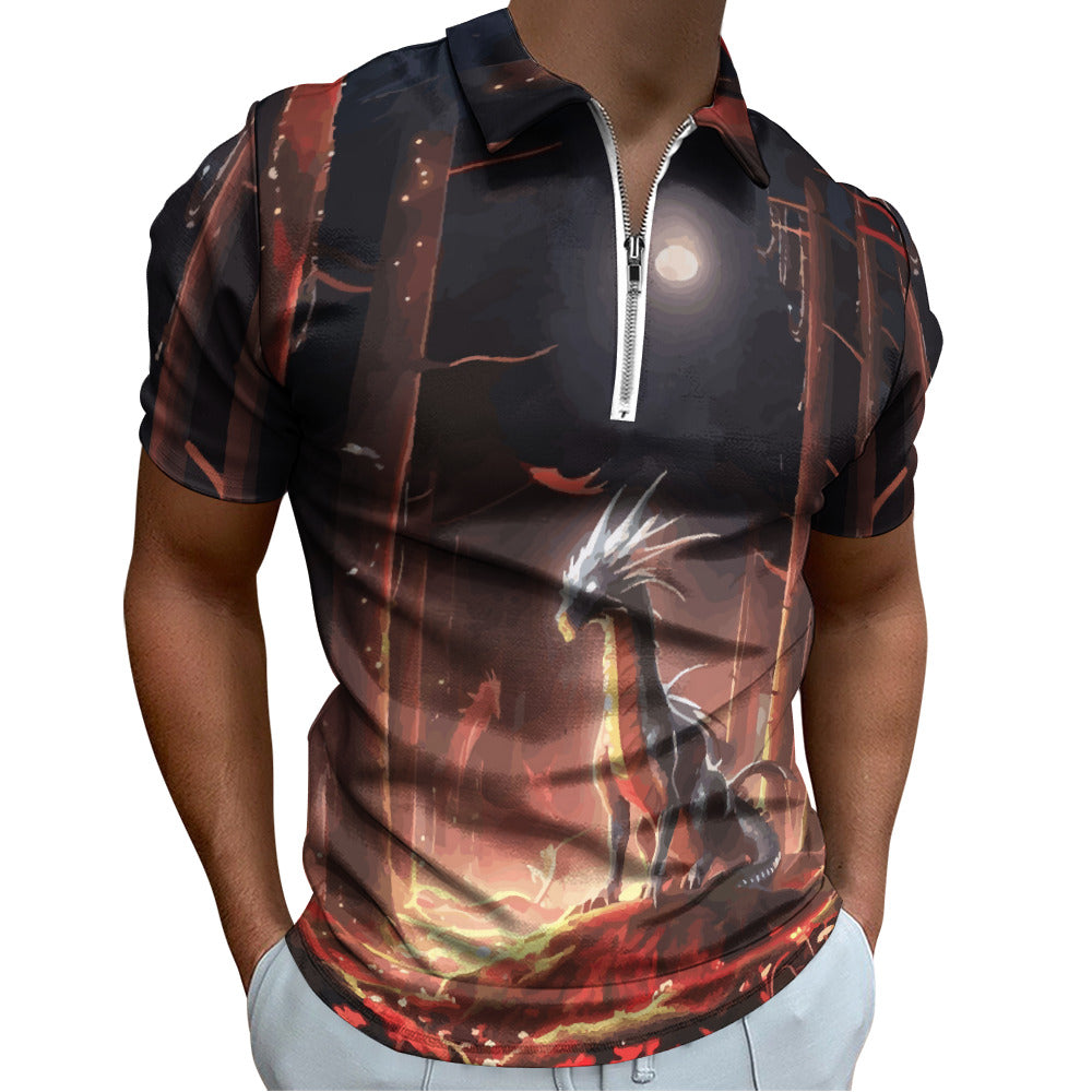 Men's Fire Dragon Quarter Zip Short Sleeve Polo Shirt